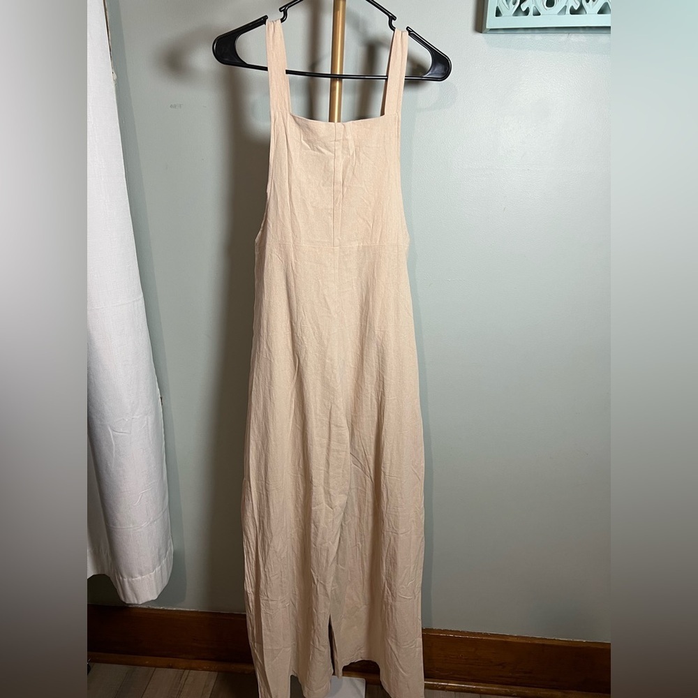 Tan Sheath Bib Overalls with Square Neck and Sleeveless Design - Picture 2 of 3